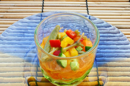 <br /><br />食前のお愉しみ アミューズ・グール<br /><br />人参のピュレとコンソメジュレ、<br>初夏野菜の紫陽花見立て