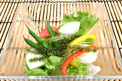 <br /><br />海ぶどうと夏野菜の彩りサラダ<br />アンチョビ風味のドレッシング